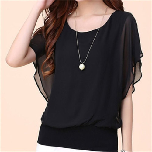 Spring and summer new large size women's fat mm summer short-sleeved women's t-shirt loose slimming chiffon shirt tops for women