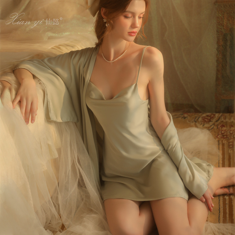 Xianyi pajamas for women summer imitation silk pure lust style suspender nightgown home clothes women can wear dressing gown set 468