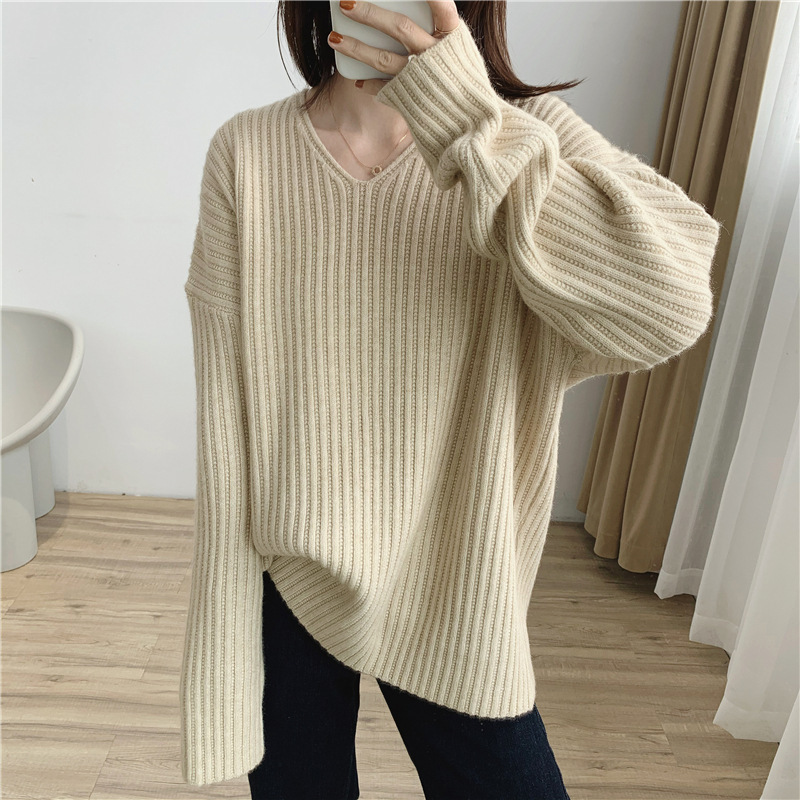 2023 new autumn and winter Korean version versatile knitted bottoming shirt tops for women loose lazy style soft glutinous striped sweater