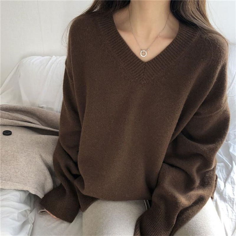 Autumn and winter Korean style lazy style V-neck sweater outer wear for women, fashionable and versatile loose pullover sweater bottoming top