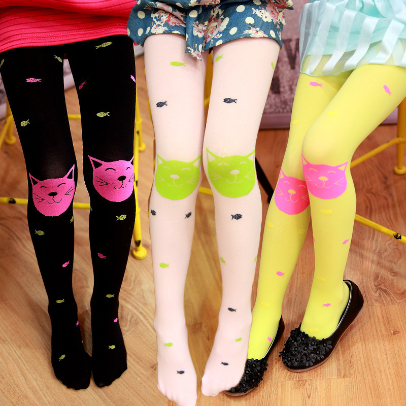 Spring New Cat Eats Fish Girls' Velvet Pantyhose Candy Color Thin Children's Bottoming Socks Cat Fish