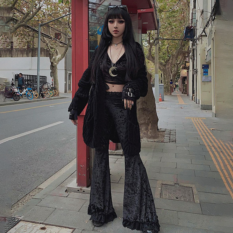 22530A Autumn new women's bell-bottom pants, dark temperament lace splicing slim hip-hop dance trousers for women