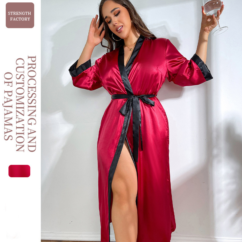 European and American cross-border new large size pajamas for women, long imitation silk sexy nightgown, fashionable casual loose lace-up pajamas