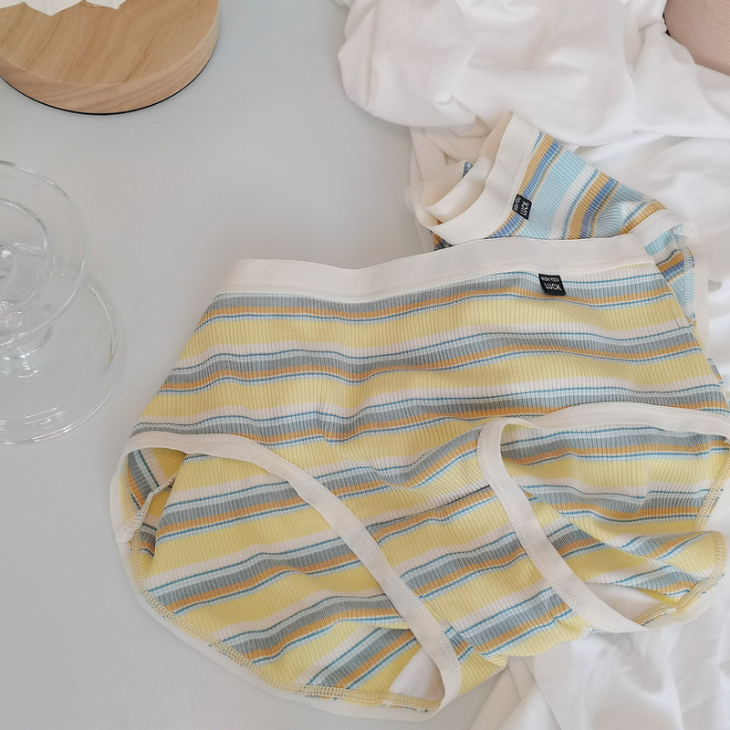 N8031 No lace light pink blue yellow rainbow striped underwear soft girl briefs Japanese style simple