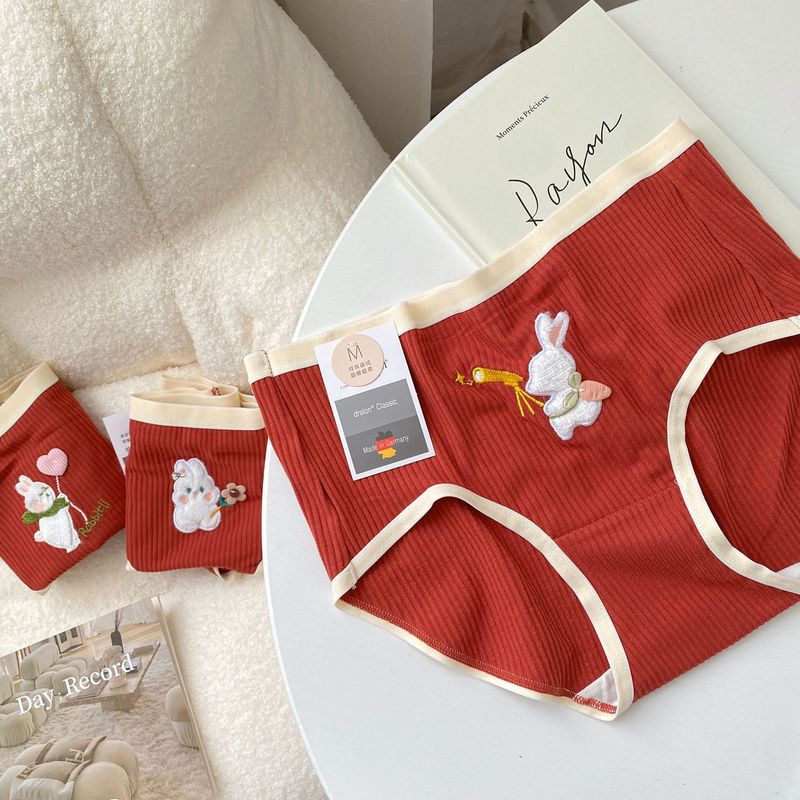 N888 zodiac year red underwear autumn and winter German velvet cute velvet embroidered mid-waist brushed women's underwear