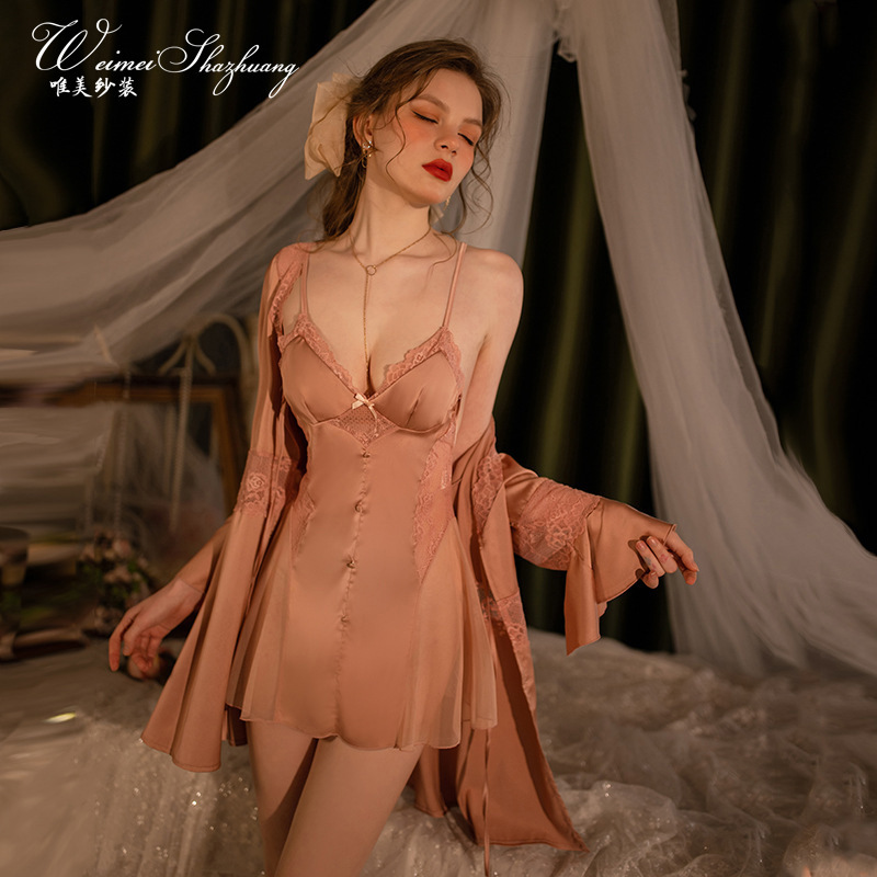 Sexy Nightgown Women's Breast Padded Lace Temptation Suspender Pajamas Pure Desire Sexy Deep V Pajamas See-through Pajamas Set