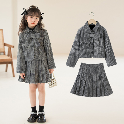 Girls' autumn and winter small fragrant style skirt  new medium and large children's fashion tartan bow suit pleated skirt