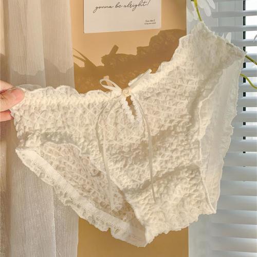 Gouache petals ~ Japanese sweet bubble lace panties women's mid-waist cute bow summer thin briefs