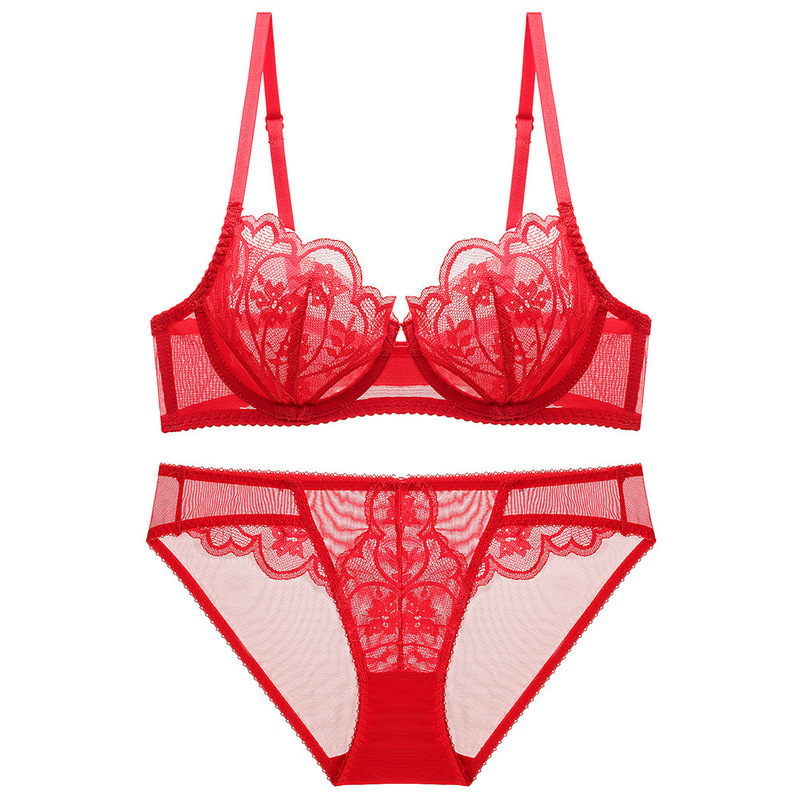 Lace bra with thin cups, breathable and comfortable, push-up big breasts, slim back, sexy shoulder strap underwear set, embroidered bra