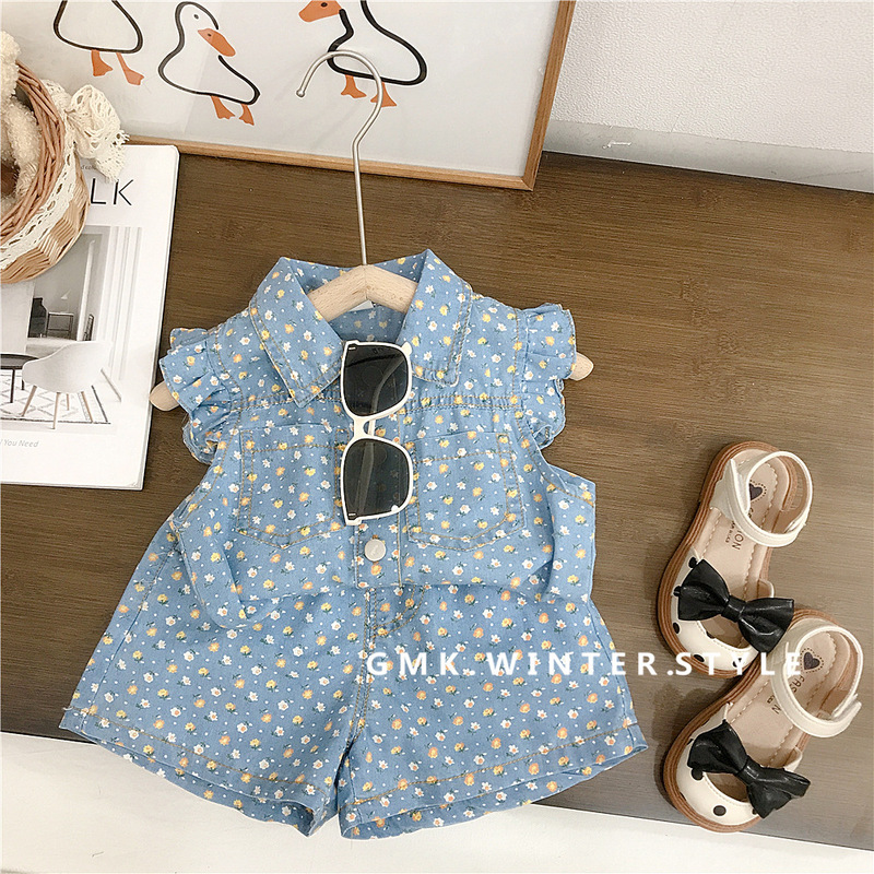 Girls summer flying sleeve denim floral suit baby girl clothes Korean version 2024 new children's two-piece set