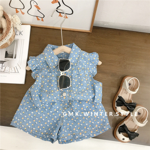 Girls summer flying sleeve denim floral suit baby girl clothes Korean version 2024 new children's two-piece set
