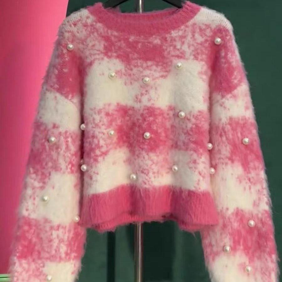 Diandian 2023 autumn and winter hot style niche design hits the street European goods little man wears pink pearl knitted sweater