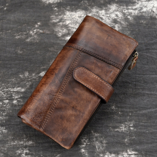 New retro polished cowhide fashion stitching long wallet casual multi-card slot genuine leather men's RIFD wallet