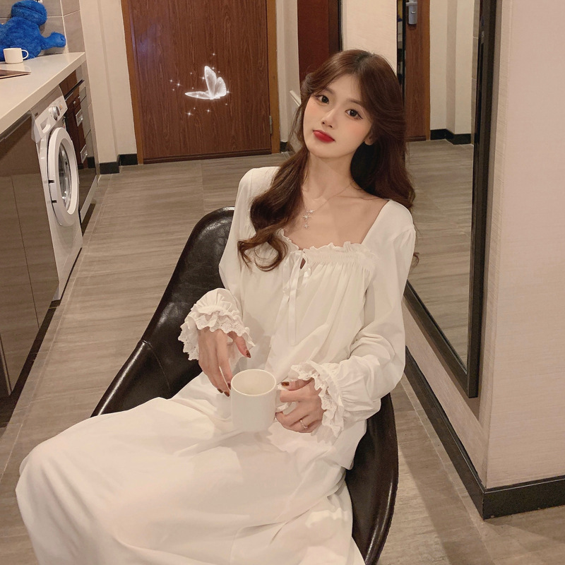 New ins nightgown pajamas for women spring, autumn and winter 2020 palace Japanese sweet long white long-sleeved home clothes