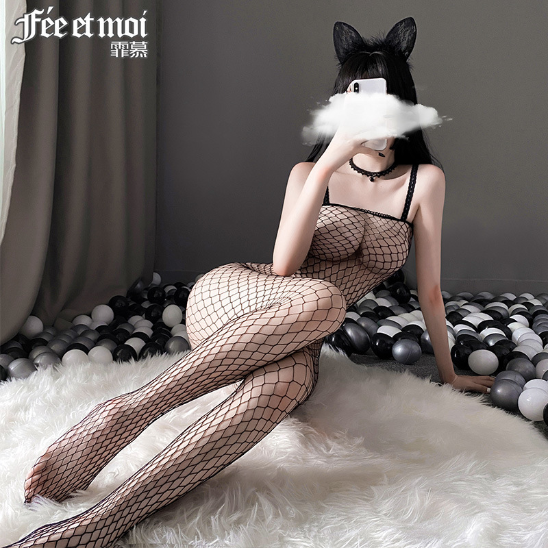Feimu mesh open-fit suspender one-piece mesh suit without taking off, hollow temptation adult sexy underwear 7503