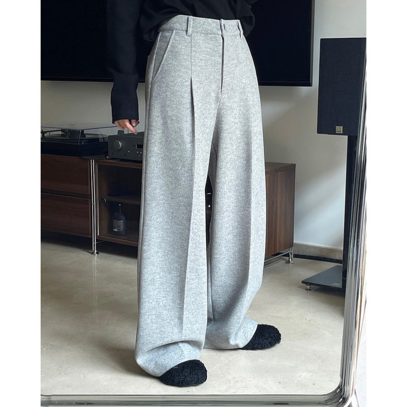 Self-retained winter new Korean style lazy woolen casual trousers high waist wide legs loose comfortable brushed trousers women's thick
