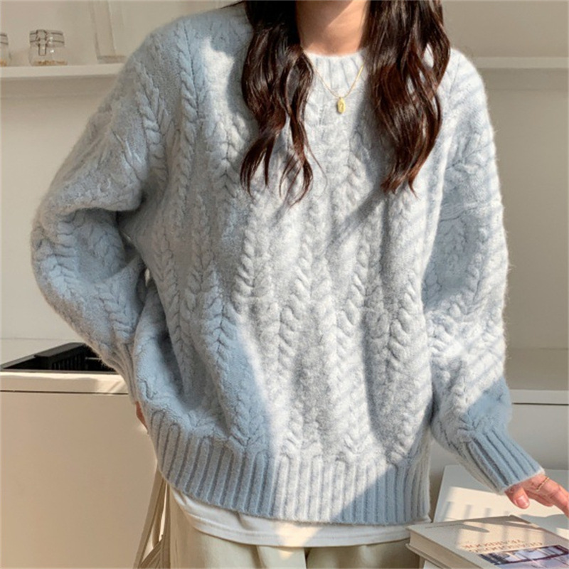 2023 new autumn and winter Korean style loose twist gentle knitted top thickened milk blue wheat ear pullover sweater for women