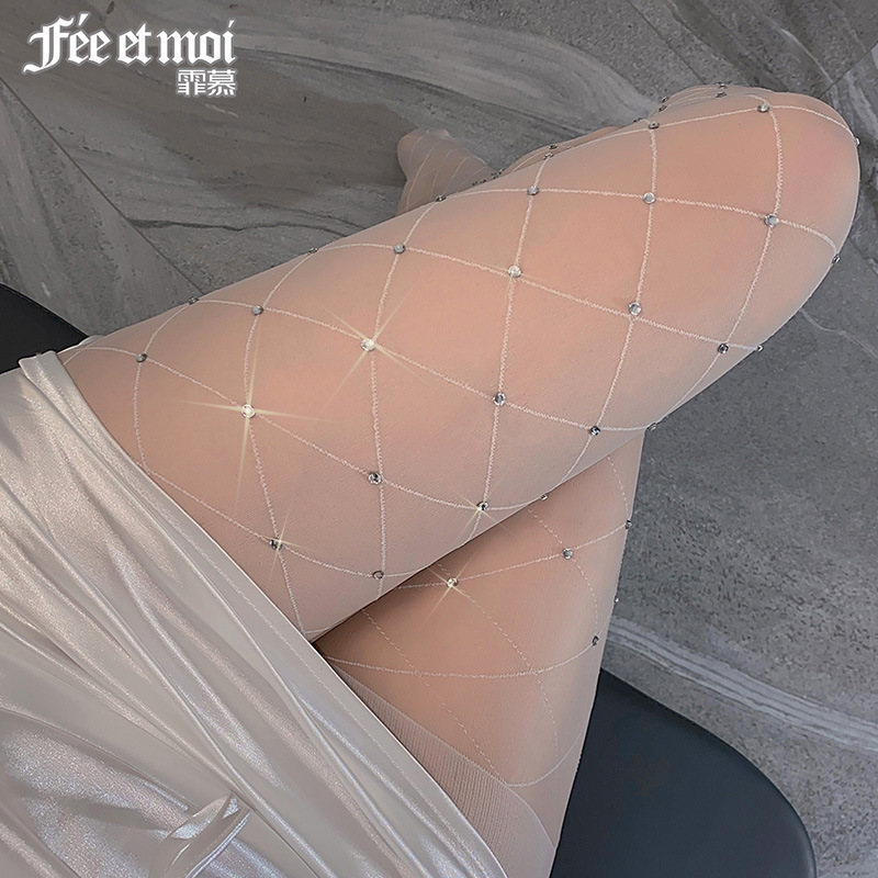 Feimu sexy diamond net celebrity pantyhose open crotch free sexy lingerie passionate temptation rhombus white silk 7229