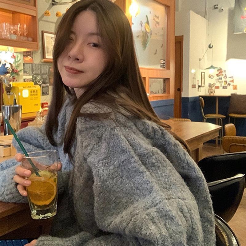Twist sweater for women, spring and autumn retro Japanese style lazy style loose thickened large size temperament solid color sweater top for women