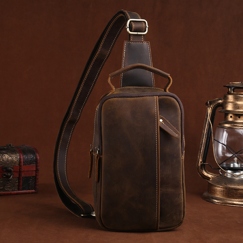 New foreign trade supply genuine leather chest bag men's crossbody bag first layer crazy horse leather retro men's bag trendy bag wholesale