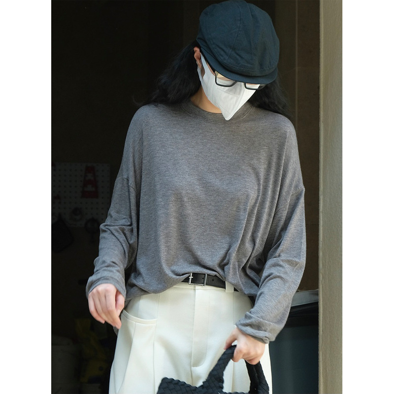 Early autumn new Korean style simple and soft imitation cashmere round neck long-sleeved T-shirt loose slimming casual bottoming top for women