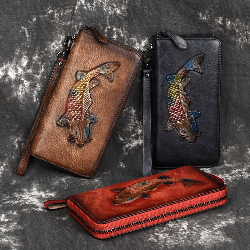 Retro wallet long zipper genuine leather retro tree paste leather wallet casual first layer cowhide clutch mobile phone bag