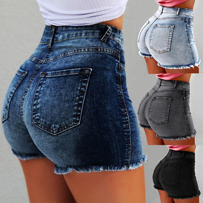 Cross-border wish Amazon eBay women's denim stretch shorts stretch tassel ripped high waist hot pants for women cow