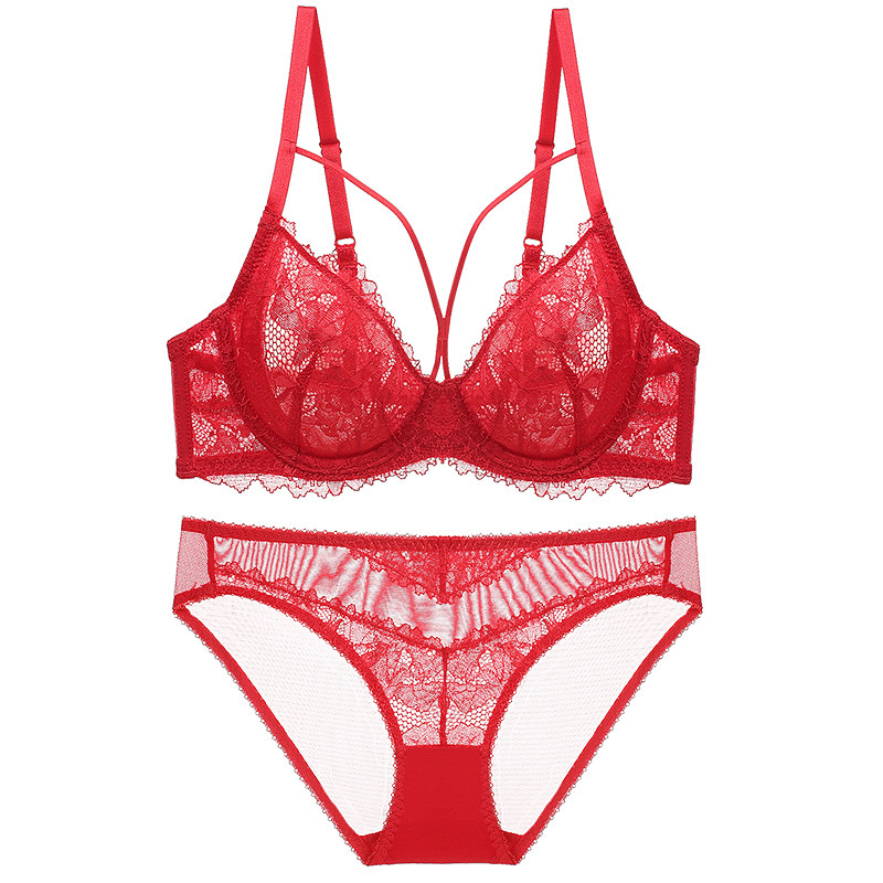 Cross-border pure lust style red bra sexy lace underwear set women's thin push-up foreign trade bra set
