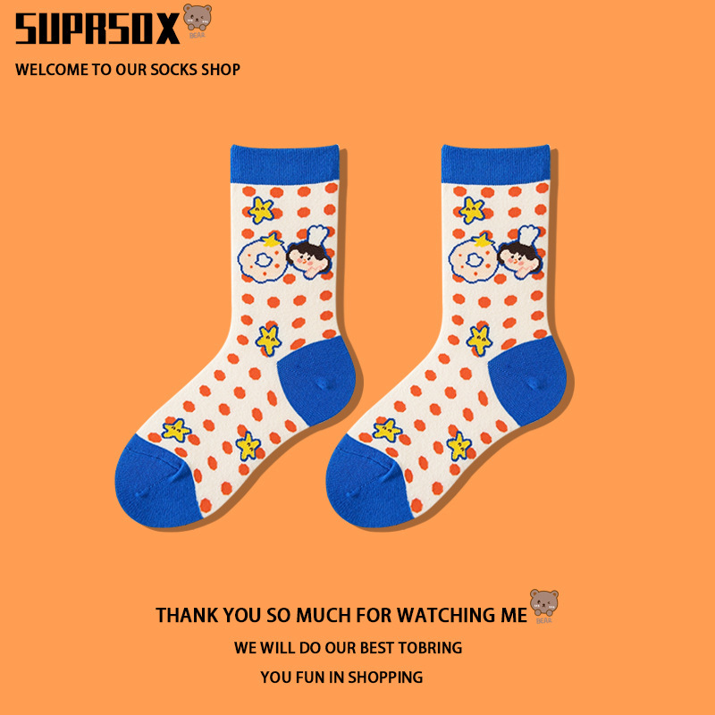 Cartoon print Japanese style Korean creative polka dot socks Women's mid-calf autumn girl cute fashion ins trendy socks