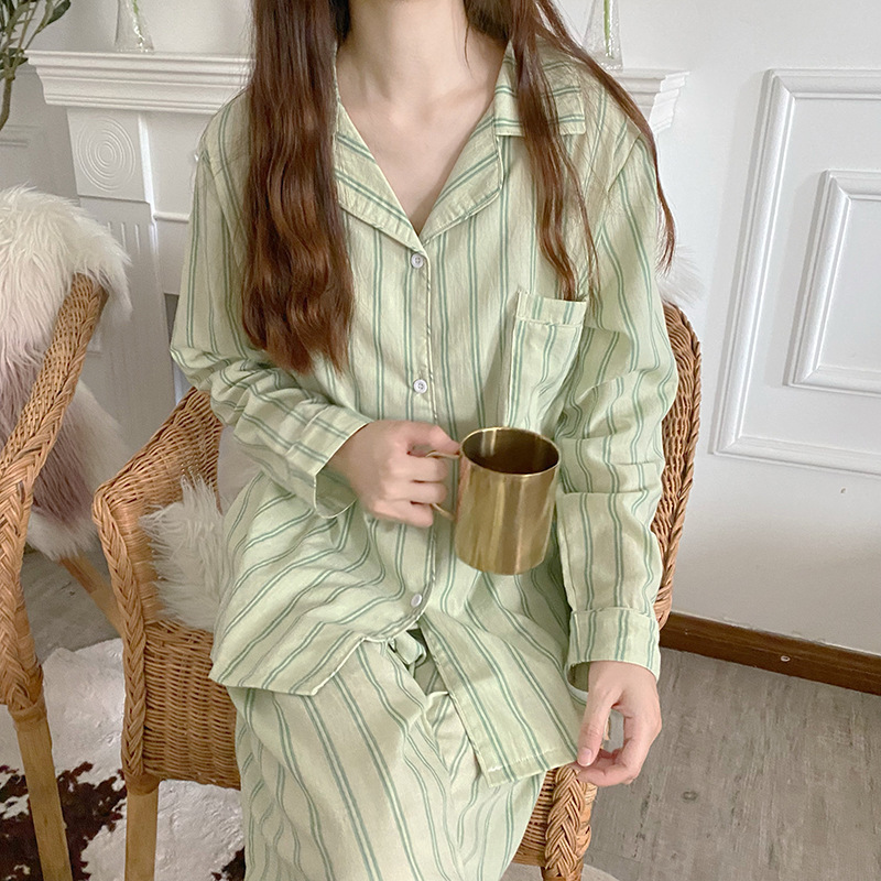 Autumn pajamas for women 2021 new long-sleeved cross-border thin solid color striped home sweet home clothes suit spring and autumn style