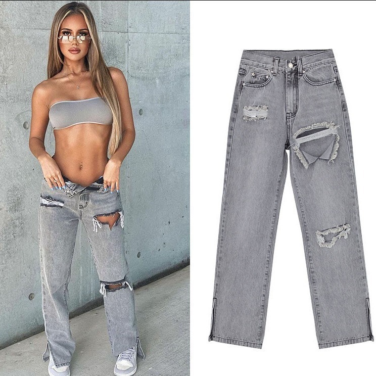 European and American fashion high-waist slim straight denim trousers floor-length trousers ripped leg slits drape slightly flared trousers