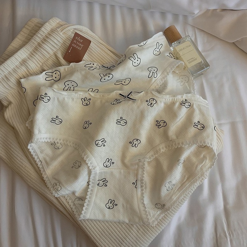 Japanese cute rabbit print underwear for women mid-waist comfortable plus size girls breathable pure cotton seamless women's underwear