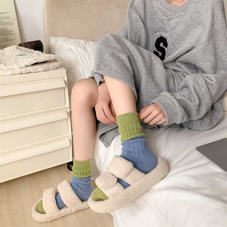 Women's autumn and winter socks, color-blocked, thickened, warm, vertical striped, double-needle pile socks, wool socks