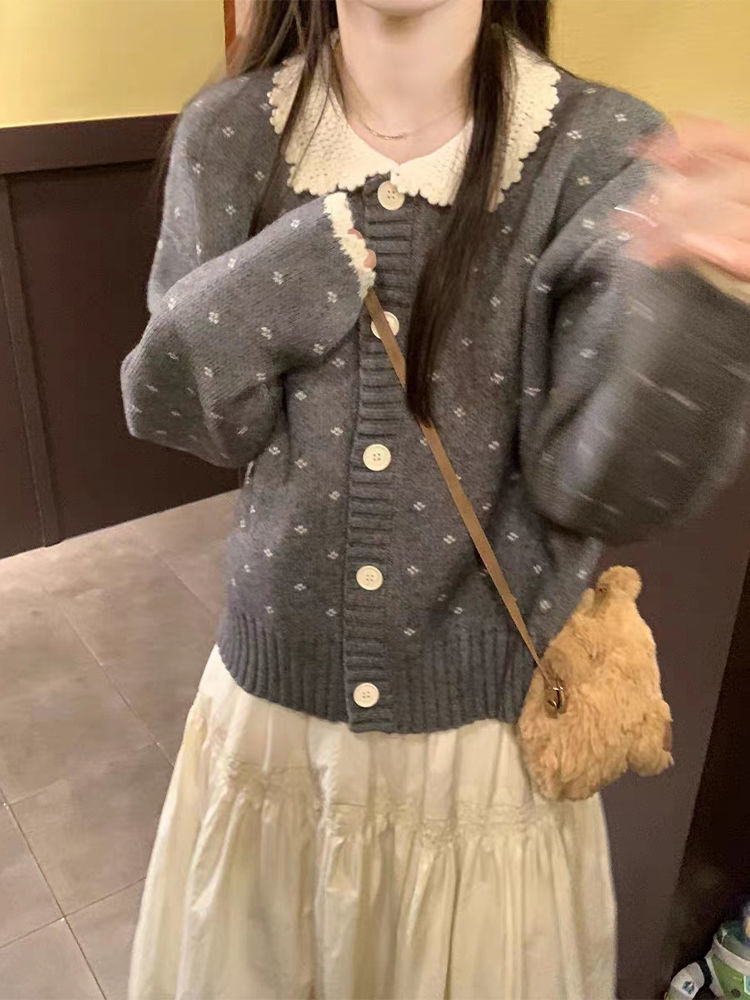 Lace collar contrasting color long-sleeved sweater jacket for women autumn and winter new style retro wear design western style age-reducing top clothes