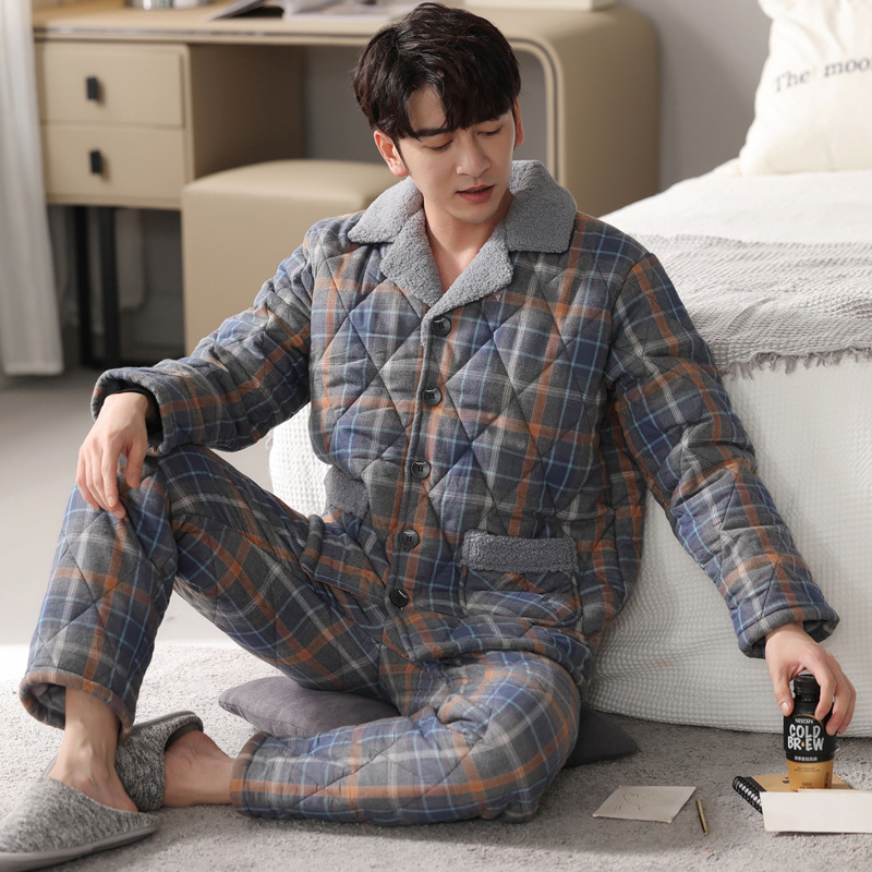 High-end pajamas for men in winter thickened and velvet pure cotton quilted autumn and winter flannel three-layer warm and cotton home clothes