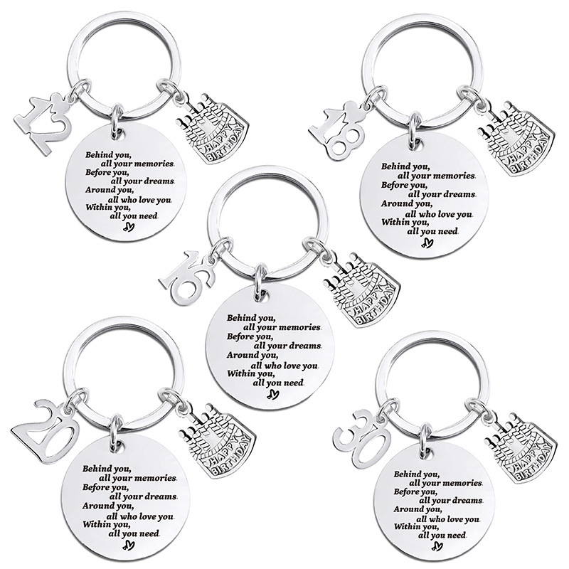 Keychain pendant European and American cross-border round tag model anniversary birthday cake gift metal engraved keychain
