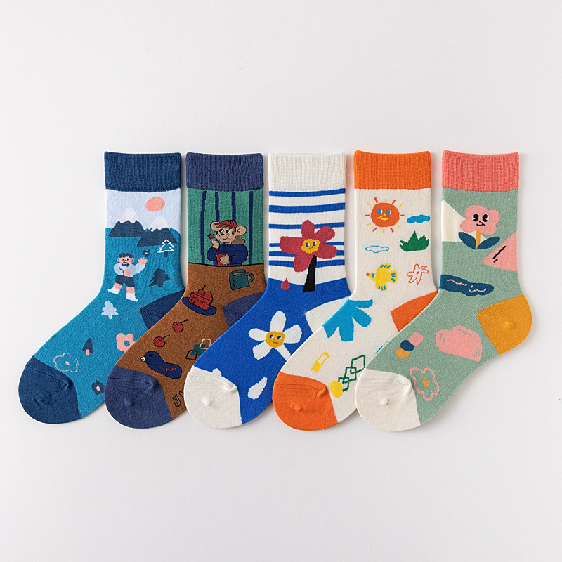 Women's Summer Socks Creative Cute Cartoon Designer Illustration Socks Japanese Ins Mid-Tube Women's Socks Piles of Socks