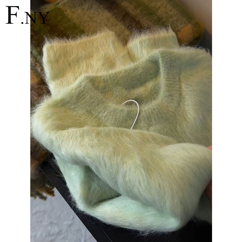 F.NY Japanese retro mohair green sweater women's winter loose breast fufu lazy style soft waxy casual sweater