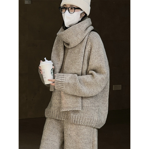 Winter new Japanese style lazy and casual wool thick line pullover sweater thick retro silhouette round neck top for women