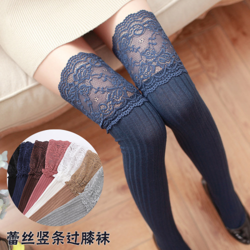 Spring and Autumn Day Style Lace Over the Knee Socks Wholesale Vertical High Thigh Cotton Bottoming Socks Over the Thigh Stockings for Women