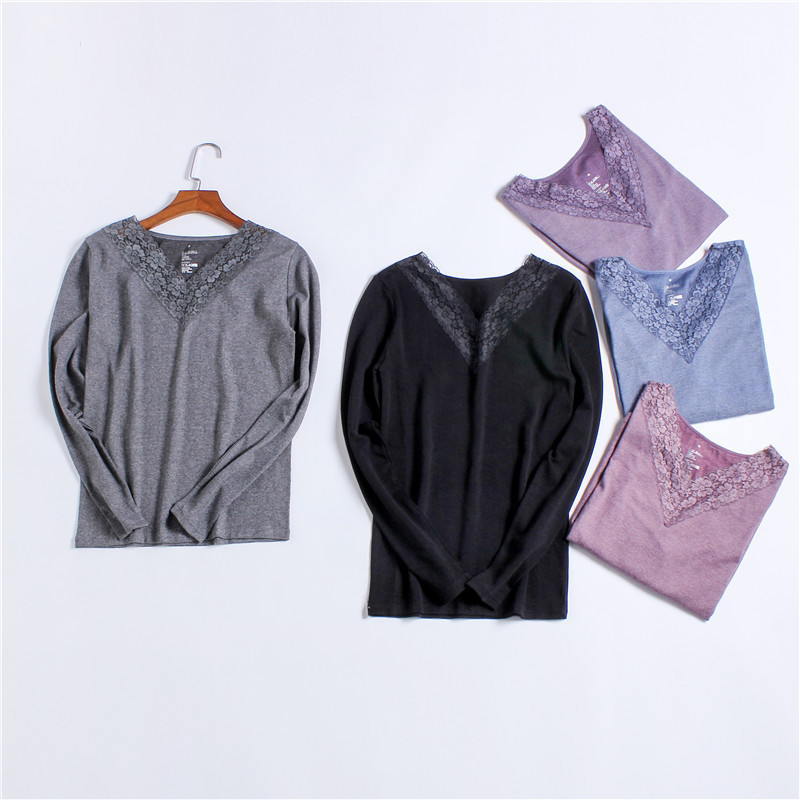 Foreign trade unprinted project V-neck wide lace edge long-sleeved warm women's material autumn clothing bottoming shirt underwear