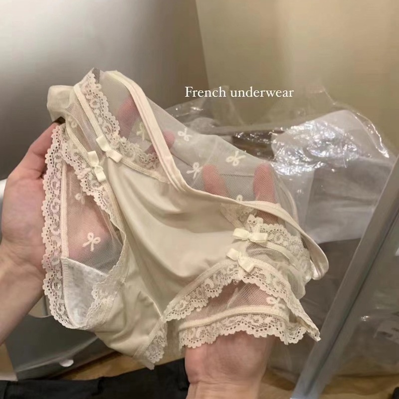 Pure desire French satin translucent lace bow comfortable and sexy pure cotton women's briefs wholesale