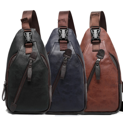 New Korean style PU leather men's chest bag, fashionable shoulder bag, crossbody bag, hanging bag, cycling backpack