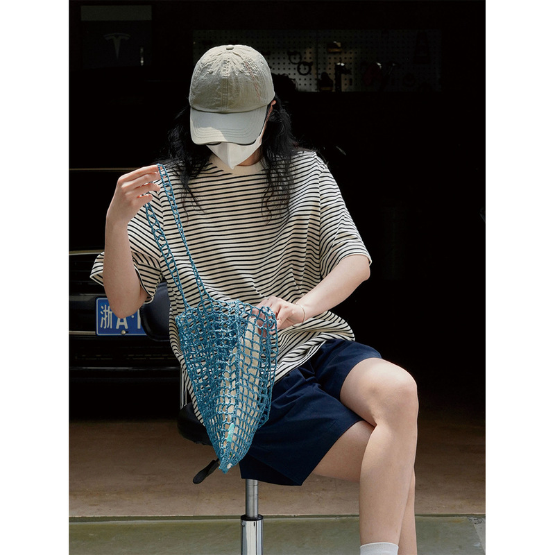 Louvre summer new Korean version ins simple lazy striped round neck T-shirt loose silhouette casual short-sleeved top for women