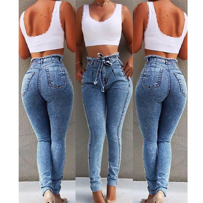 Cross-border wish Amazon eBay women's jeans slim fit stretch tassel belt high waist jeans for women