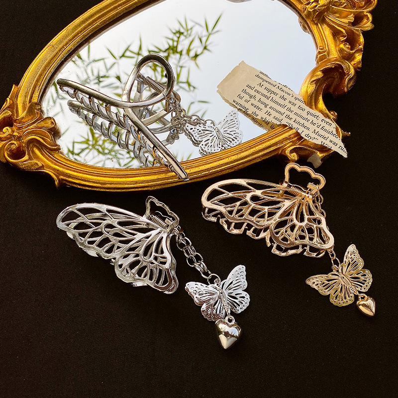 Metal butterfly hair clip for women Korean back of head shark clip high-end love pendant grip clip elegant temperament hair grip