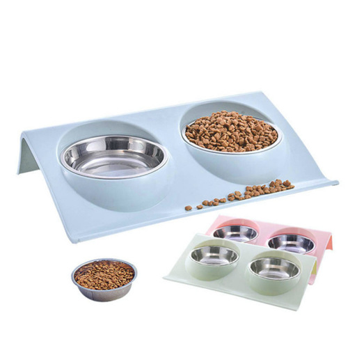 Double-layer pet bowl, stainless steel dog bowl, food bowl, double basin, one bowl, multi-purpose combination, double bowl, three colors available, pet supplies