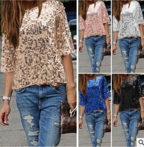 2016wish ebay new style European and American sexy off-shoulder sequined fashion T-shirt
