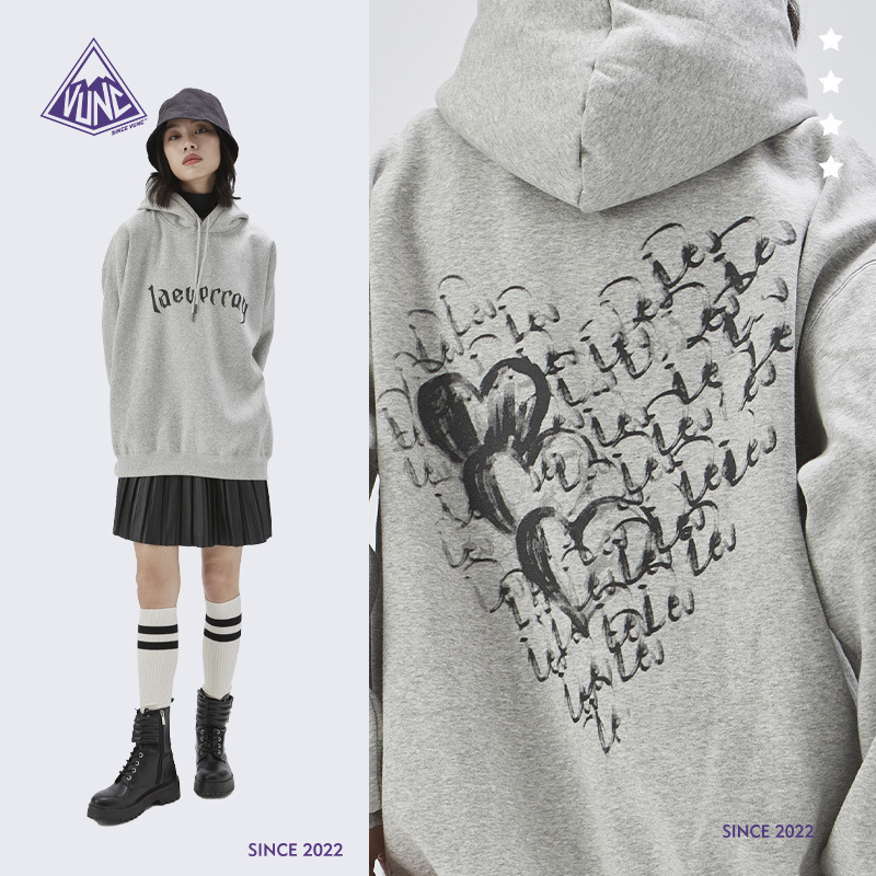 VUNC genderless sweatshirt 350g printed autumn new American high street velvet hooded long-sleeved tops for men and women