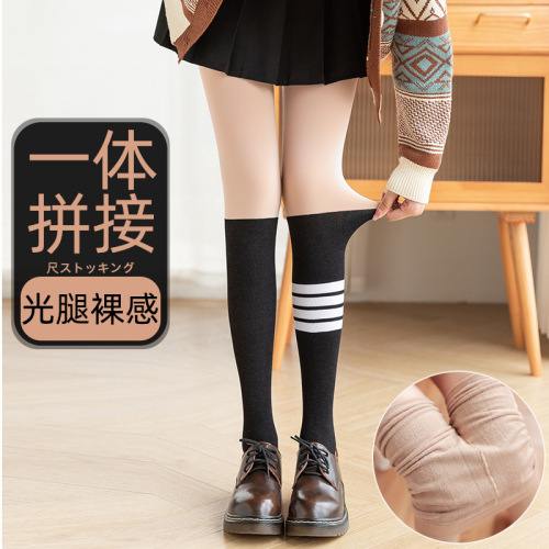 Striped fake calf splicing bare leg artifact pantyhose autumn and winter flesh-colored splicing stockings women's velvet thickened bottoming socks